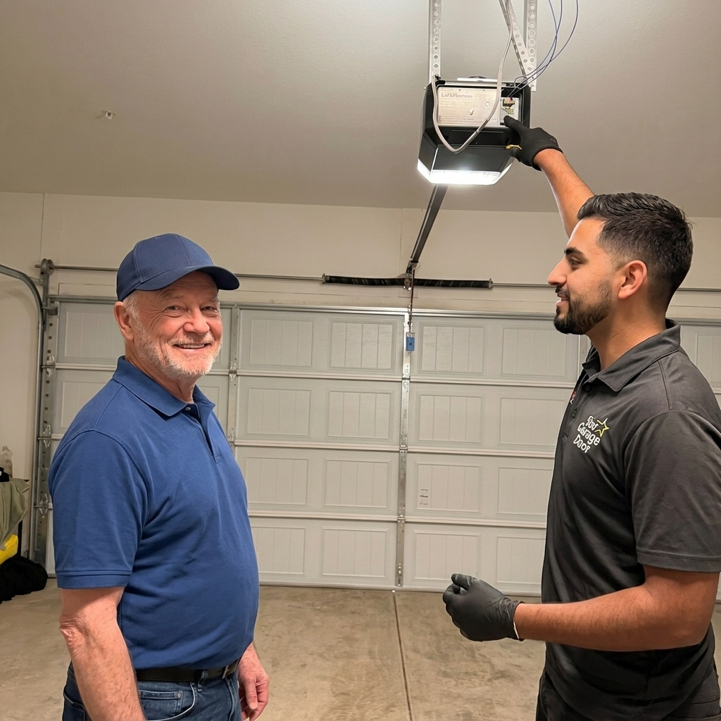 Technician touching the opener and the old guy is on his left smiling